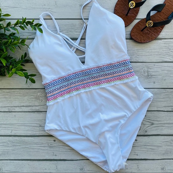 Bar III Smocked Plunging One-Piece Swimsuit - Picture 2 of 5